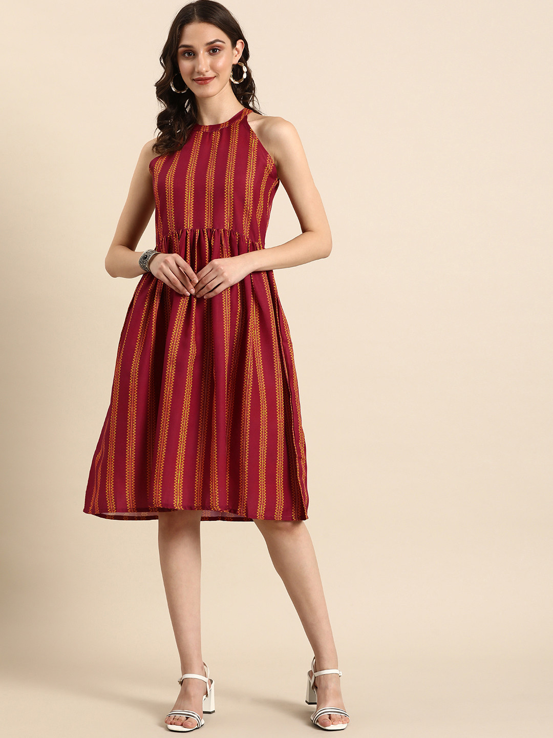 

Anouk Ethnic Motifs Printed Halter Neck A-Line Dress, Magenta