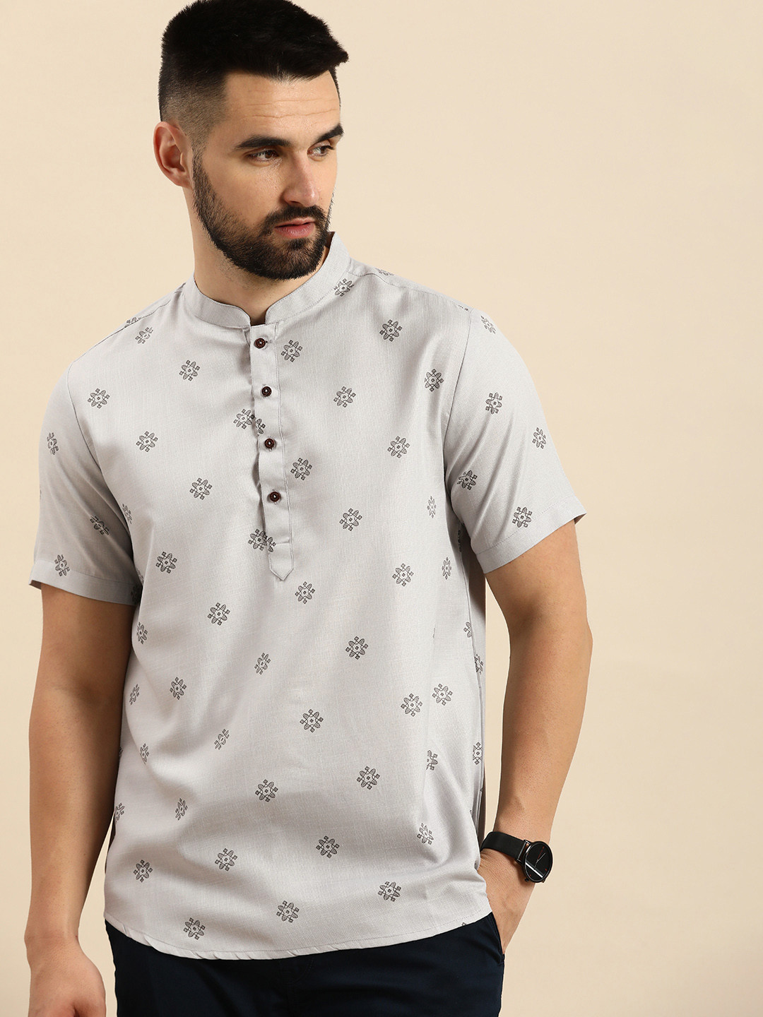 

Anouk Mandarin Collar Ethnic Motifs Printed Short Kurta, Grey
