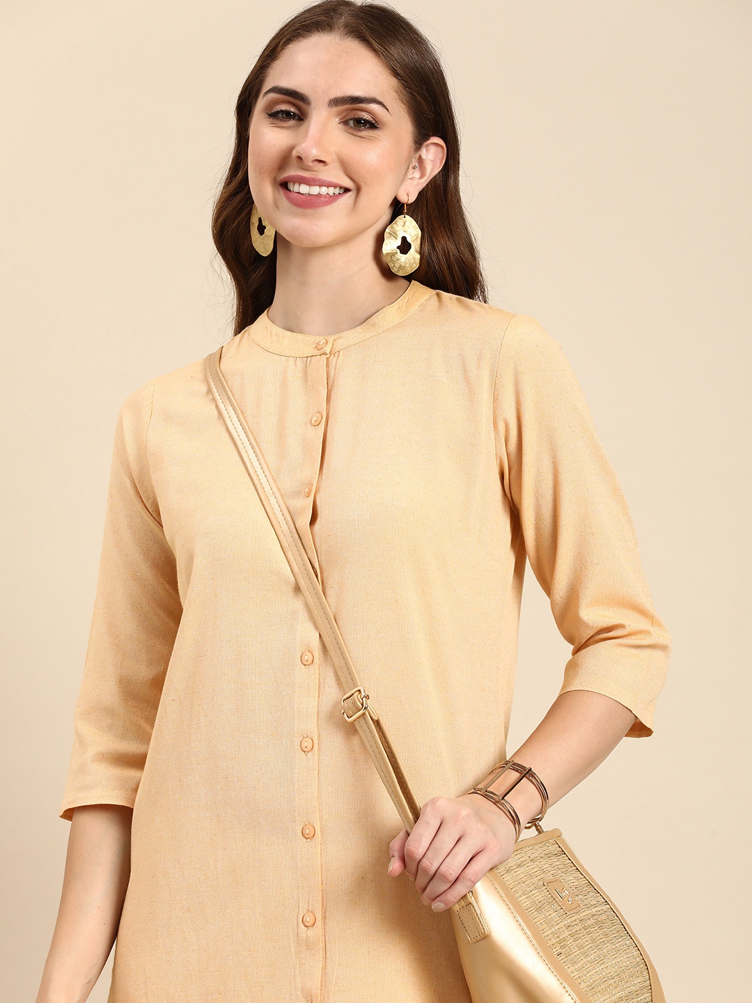

Anouk Solid Band Collar Straight Kurta, Beige