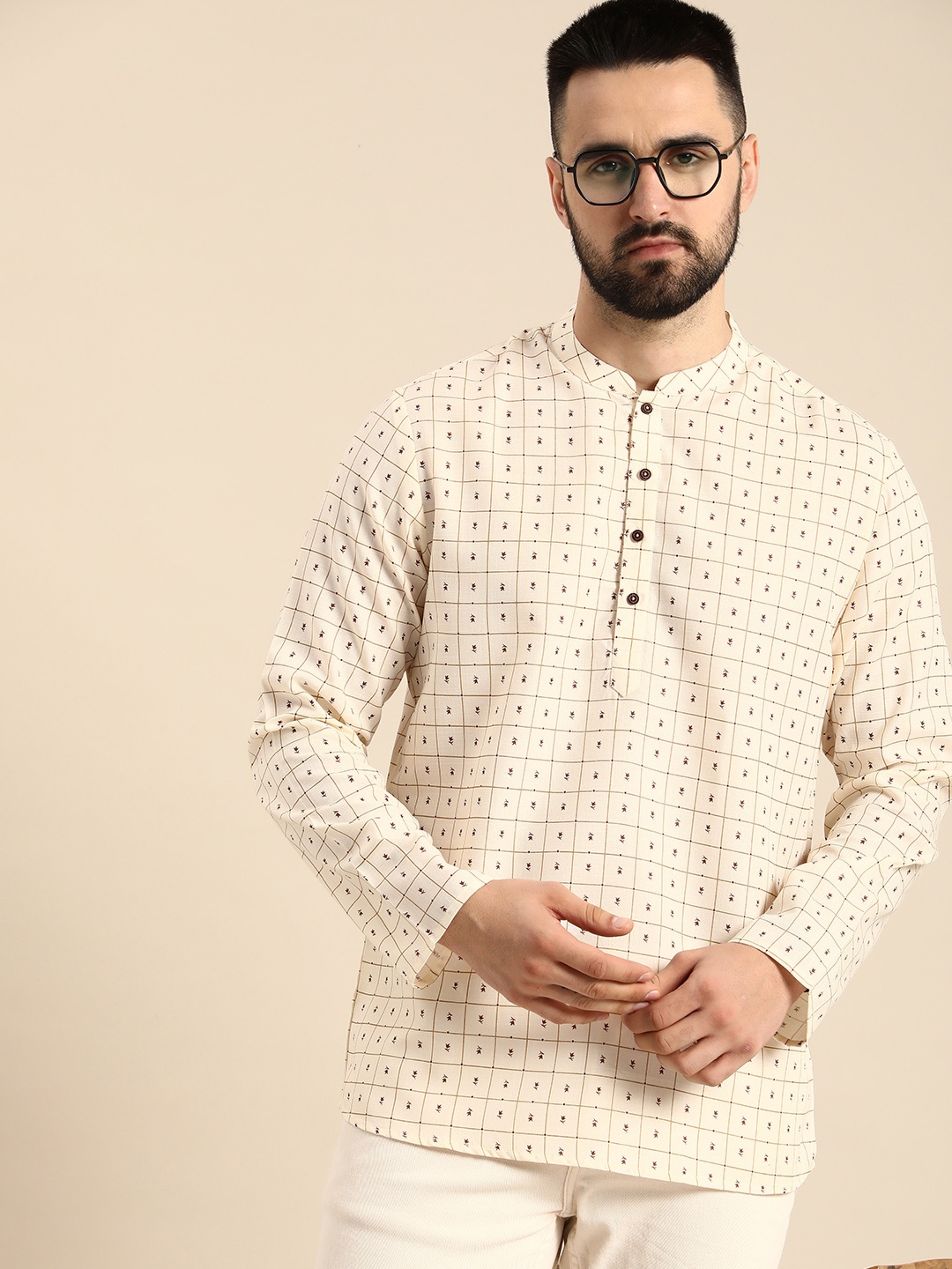 

Anouk Mandarin Collar Floral Printed Checked Kurta, Off white