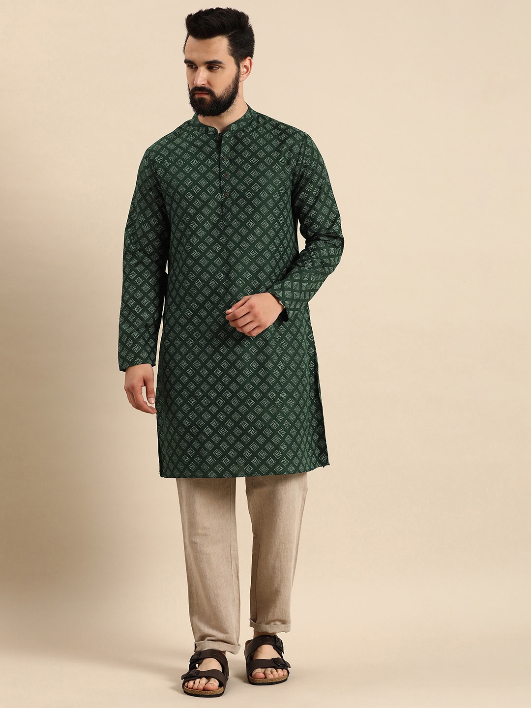 

Anouk Geometric Printed Mandarin Collar Kurta, Green