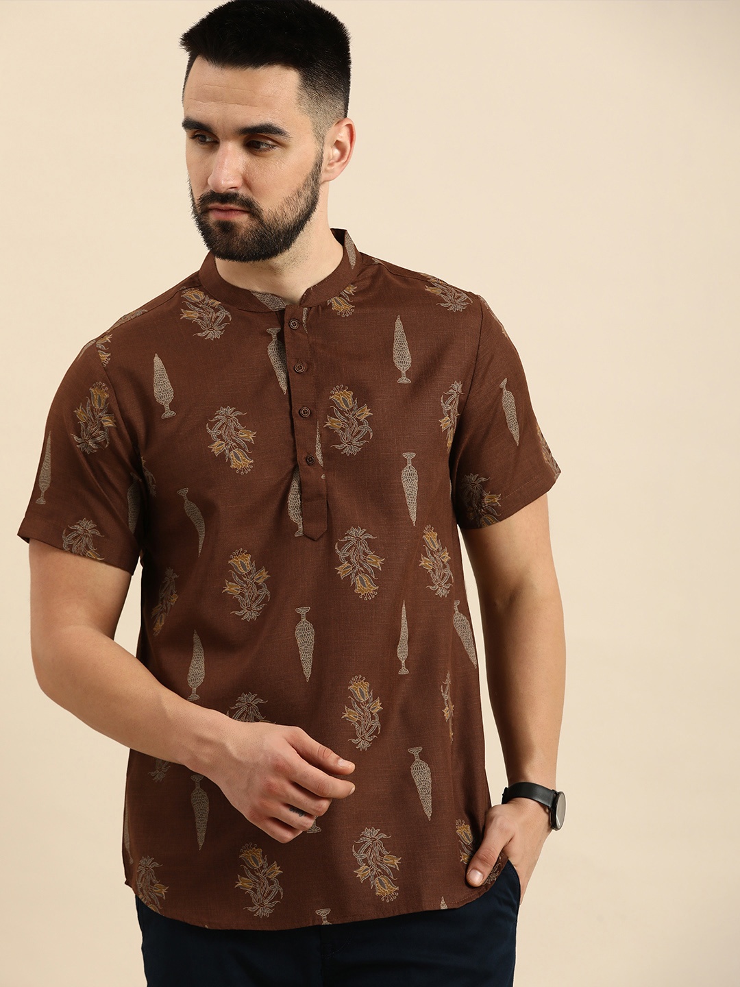 

Anouk Mandarin Collar Ethnic Motifs Printed Short Kurta, Brown