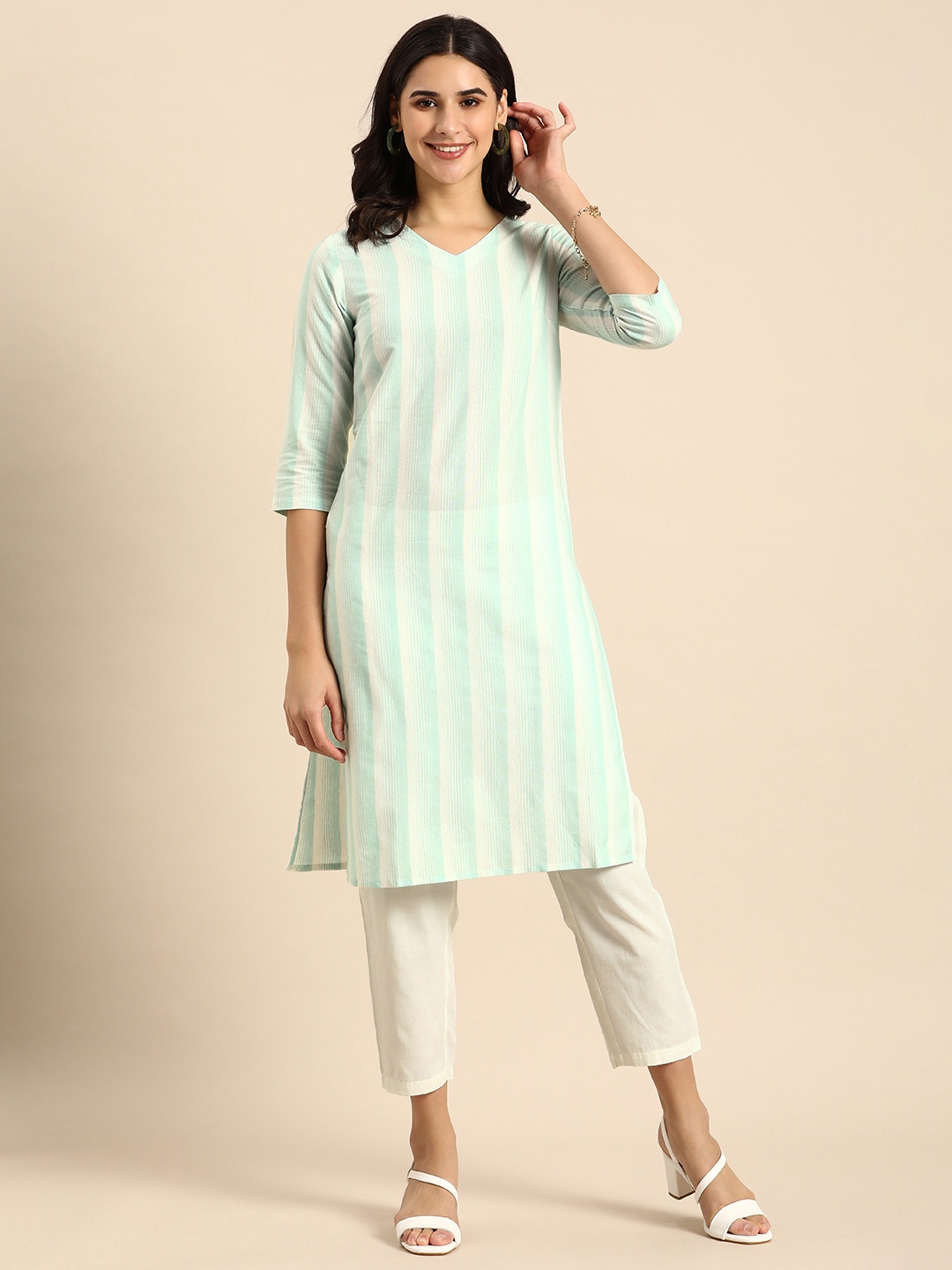 

Anouk Women Striped Regular Kurta With Trousers, Green