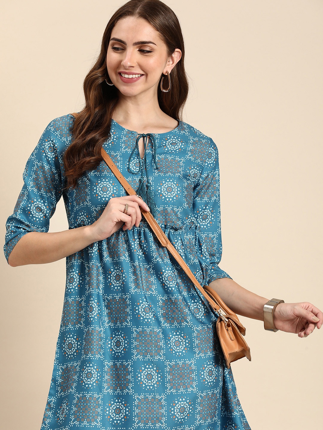 

Anouk Ethnic Motifs Print Tie-Up Neck A-Line Dress, Blue