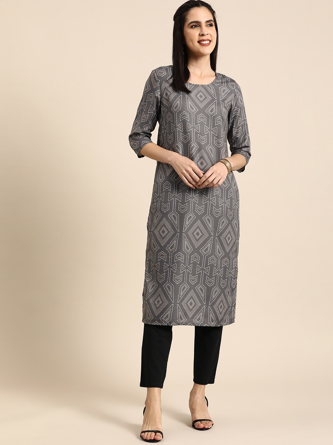 

Anouk Women Geometric Printed Straight Kurta, Grey