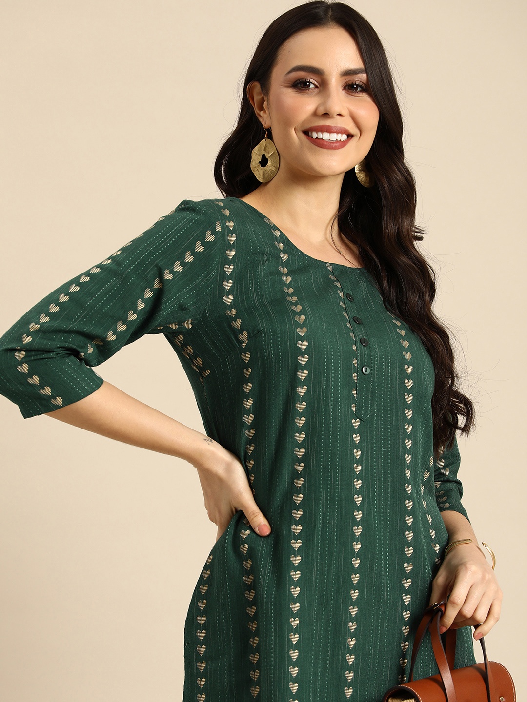 

Anouk Women Woven Design Striped Round Neck Kurta, Green