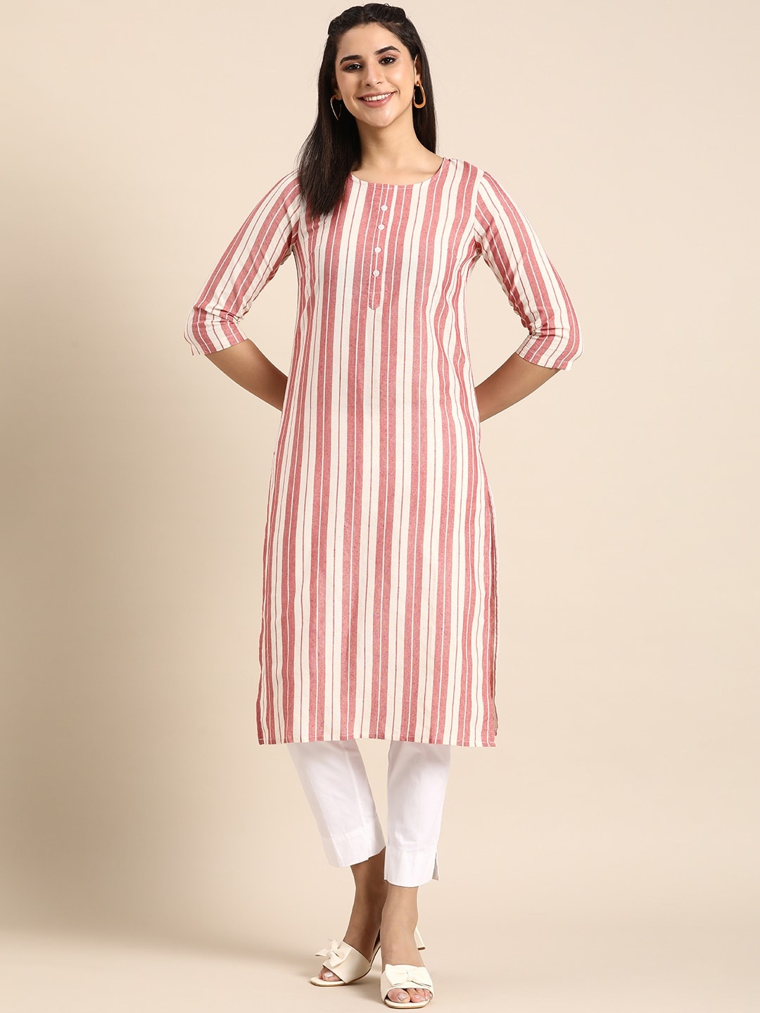 

Anouk Women Striped Round Neck Straight Kurta, Red