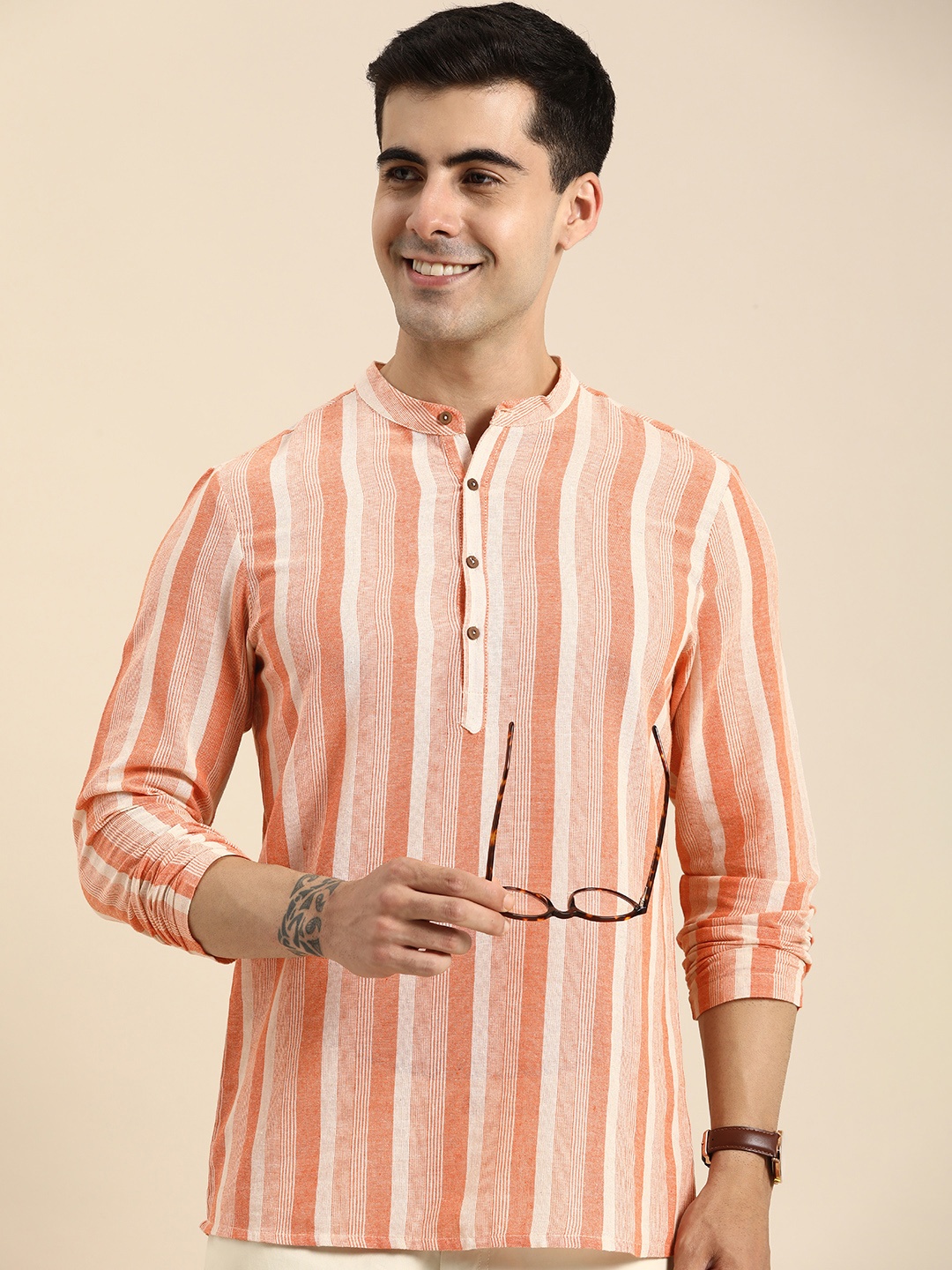 

Anouk Men Striped Band Collar Straight Kurta, Orange