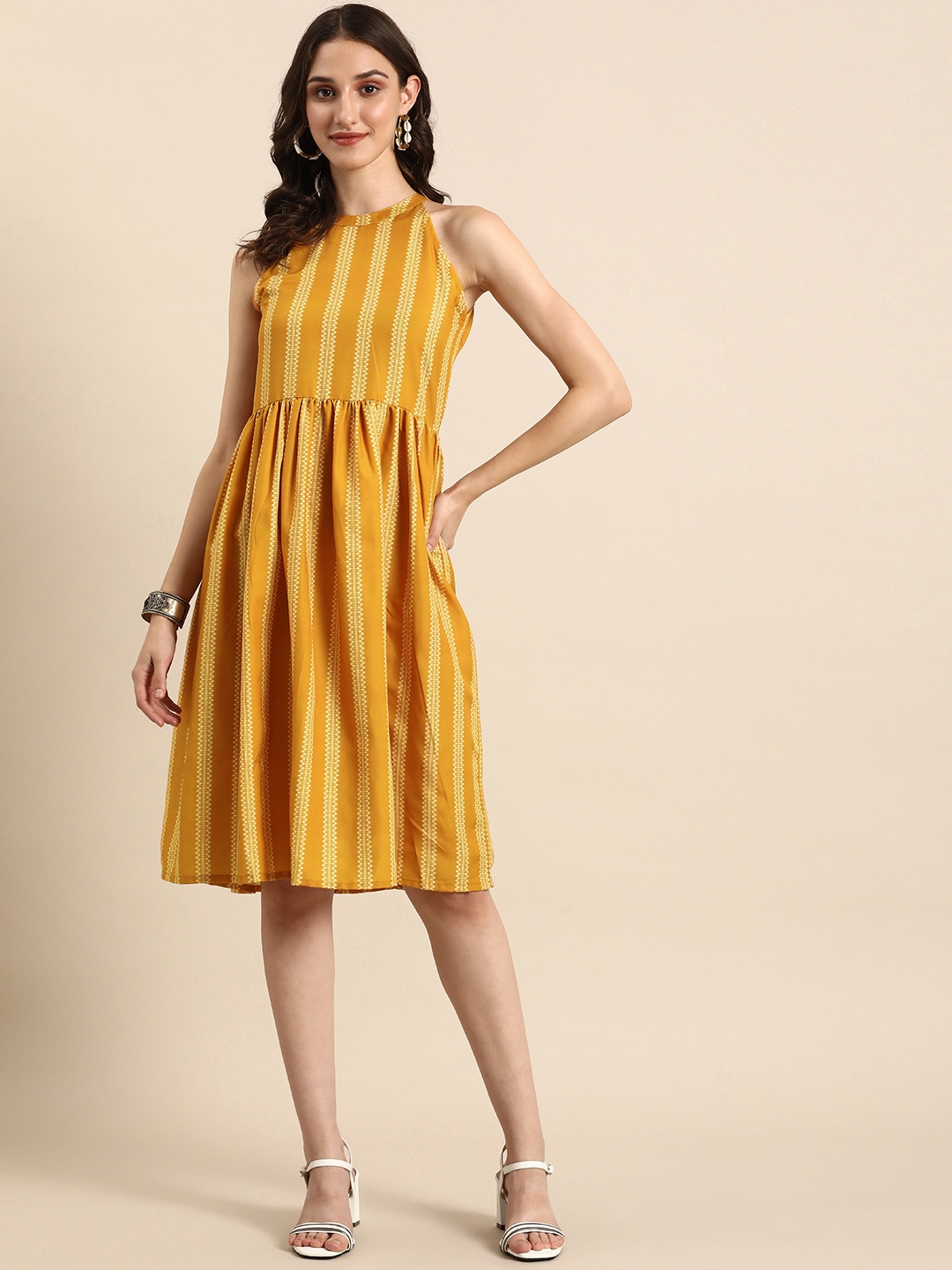 

Anouk Ethnic Motifs Printed Halter Neck A-Line Dress, Mustard