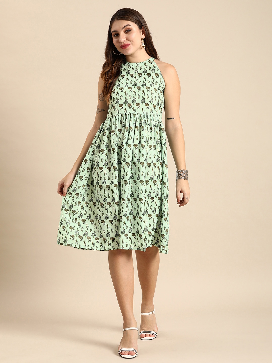 

Anouk Ethnic Motifs Printed Halter Neck A-Line Dress, Green