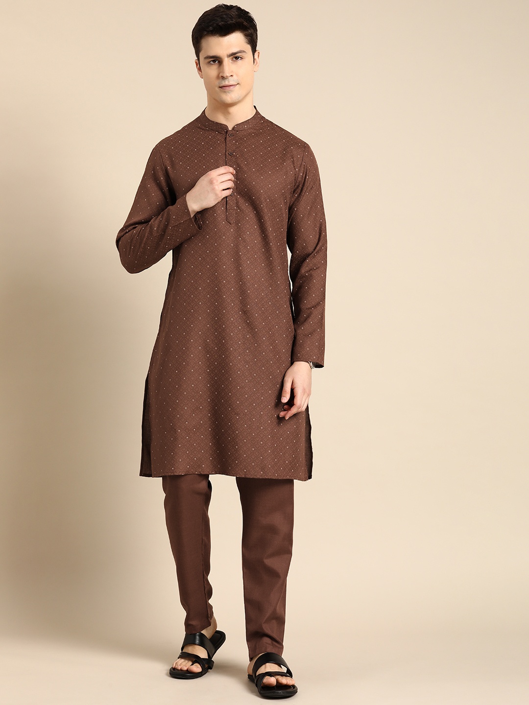 

Anouk Printed Band Collar Kurta with Trousers, Brown