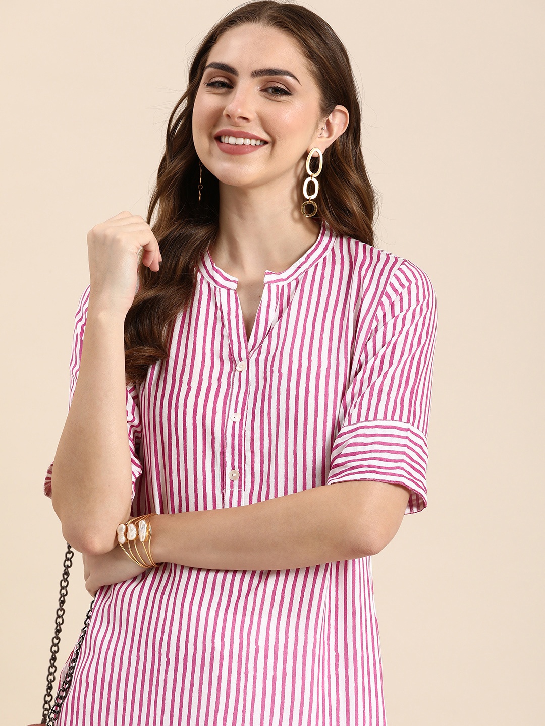 

Anouk Striped Straight Kurta, Magenta
