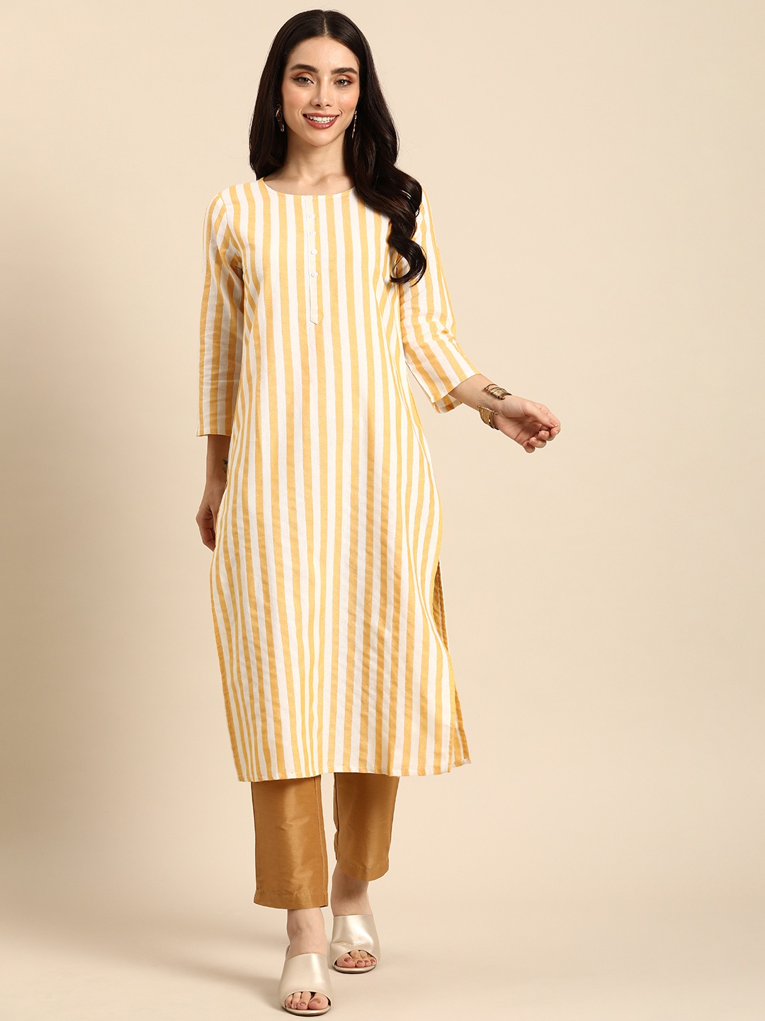 

Anouk Round Neck Striped Kurta, Yellow