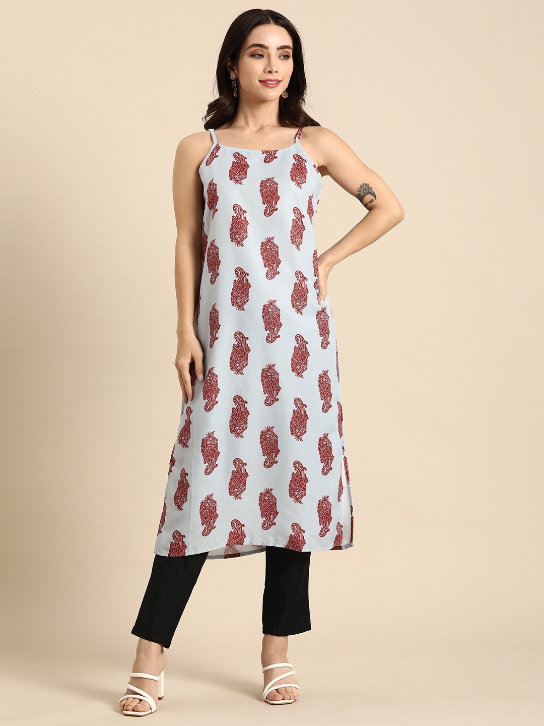 

Anouk Paisley Printed Sleeveless Straight Kurta, Grey