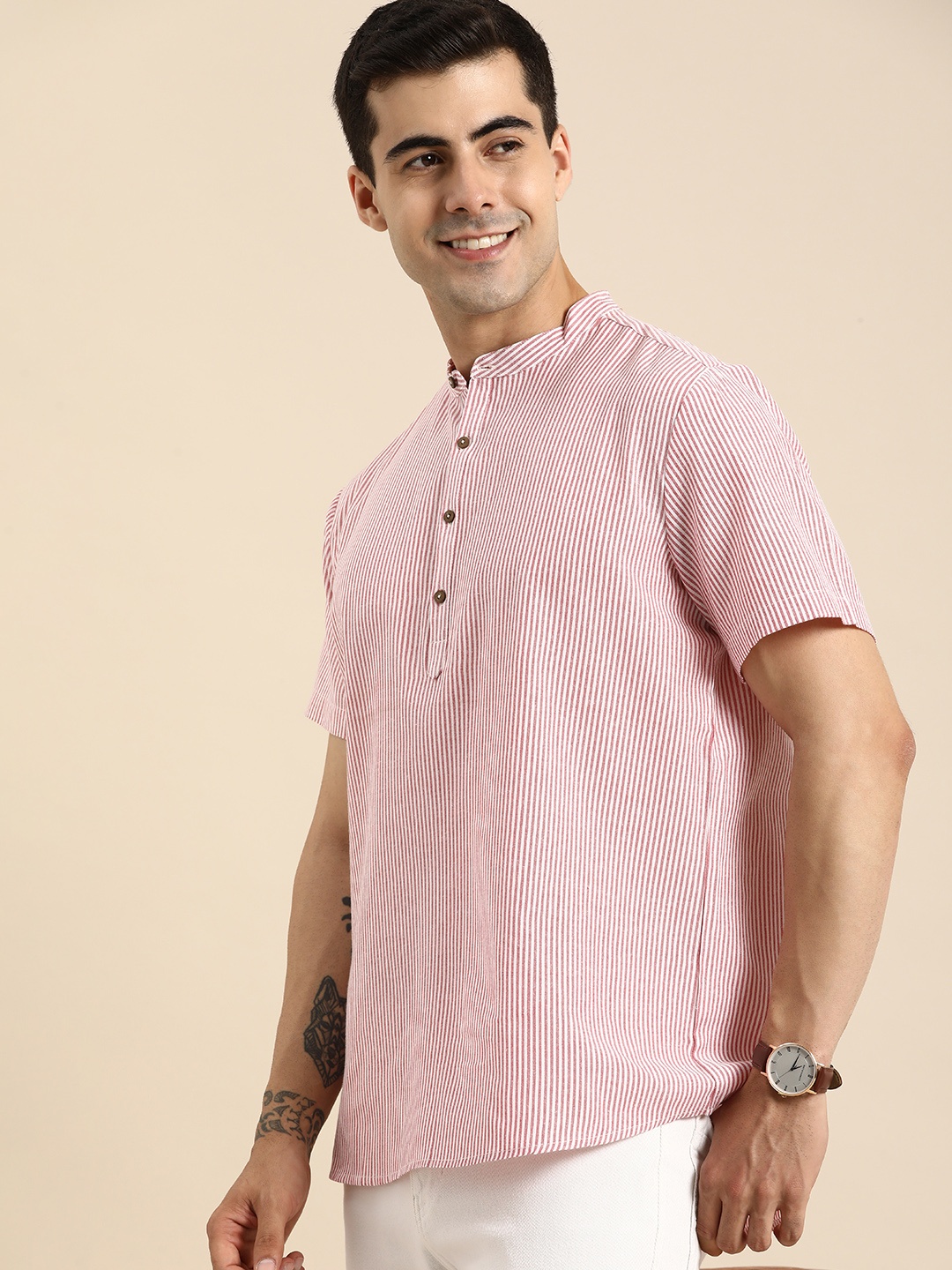 

Anouk Men Striped Band Collar Straight Kurta, Pink