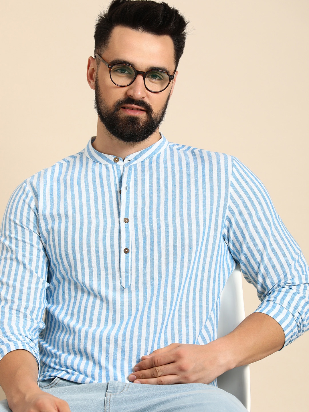 

Anouk Striped Band Collar Kurta, Blue