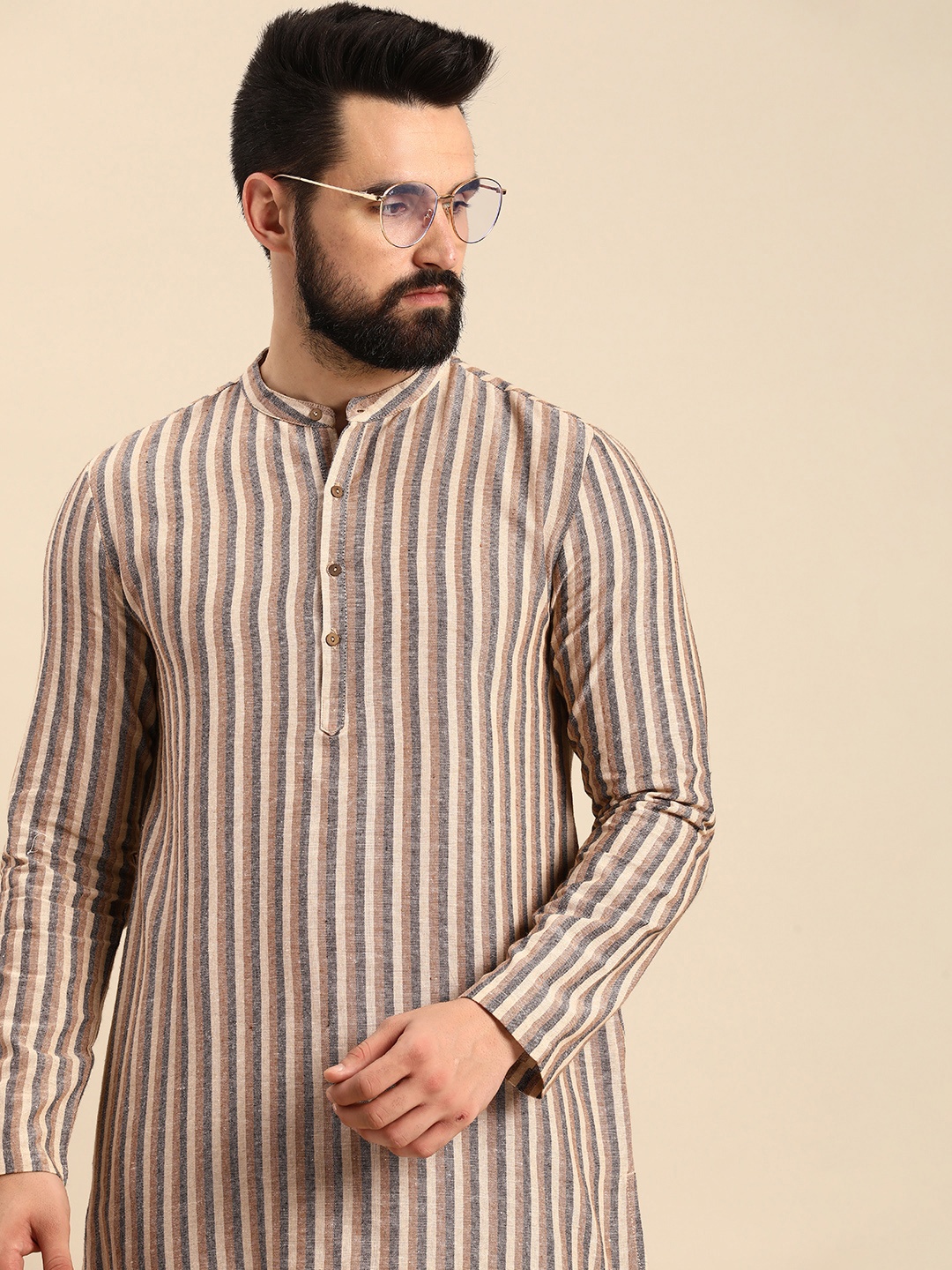 

Anouk Band Collar Knee Length Striped Kurta, Brown