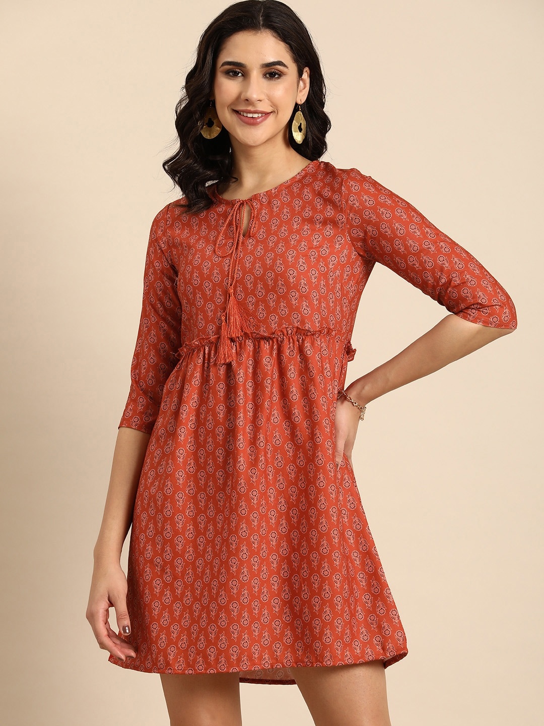 

Anouk Ethnic Motifs Printed Tie-Up Neck A-Line Dress, Rust