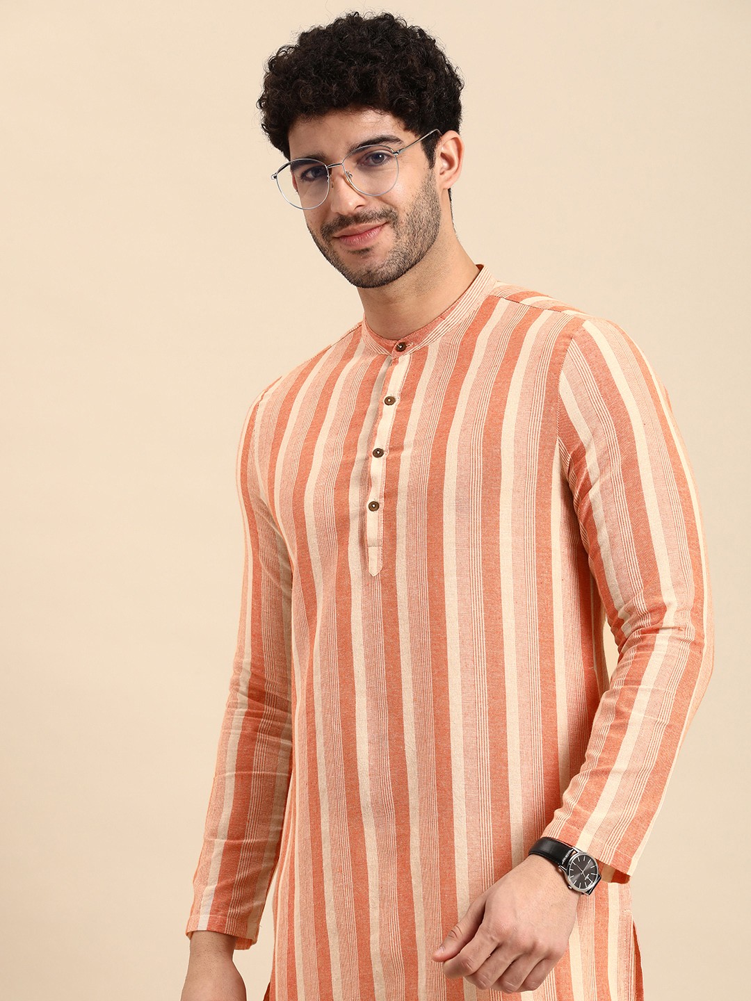 

Anouk Multi Or Variegated Stripes Band Collar Pastels Straight Kurta, Peach