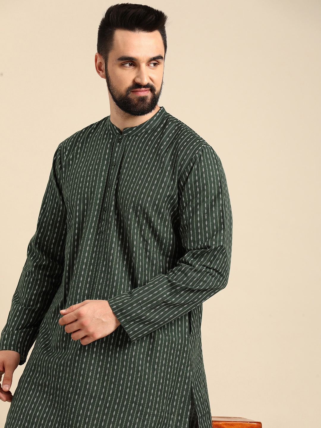 

Anouk Men Woven Design Long Sleeves Striped Kurta, Green