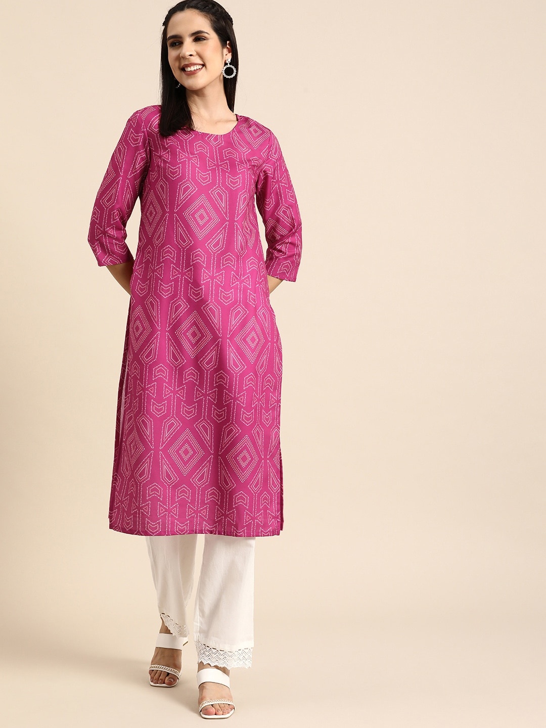 

Anouk Women Geometric Printed Straight Kurta, Pink