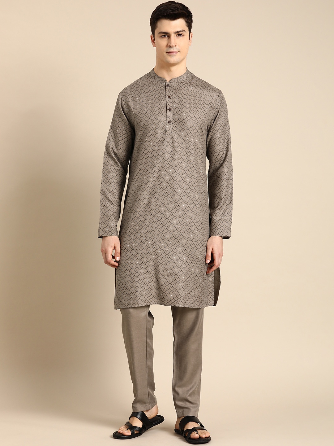 

Anouk Printed Band Collar Kurta with Trousers, Taupe