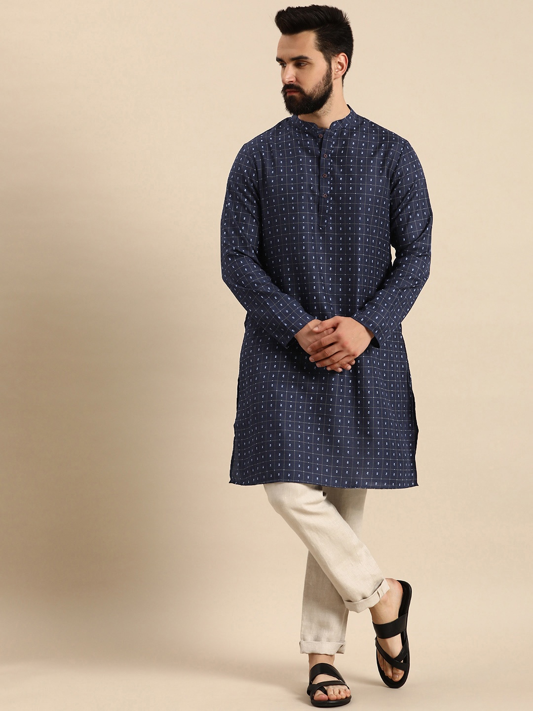 

Anouk Checked & Floral Printed Mandarin Collar Kurta, Navy blue