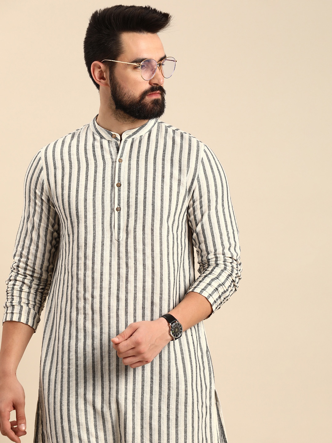 

Anouk Band Collar Knee Length Striped Kurta, Off white
