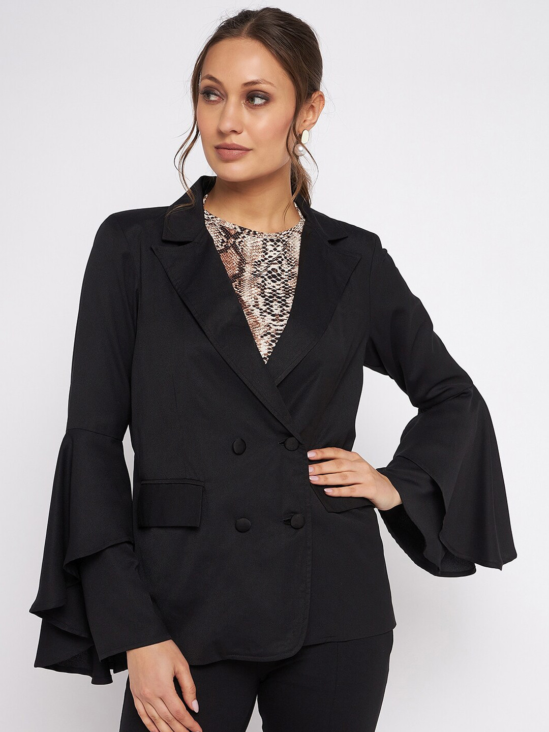 

Antheaa Elit Regular Fit Double-Breasted Bell Sleeves Blazer, Black
