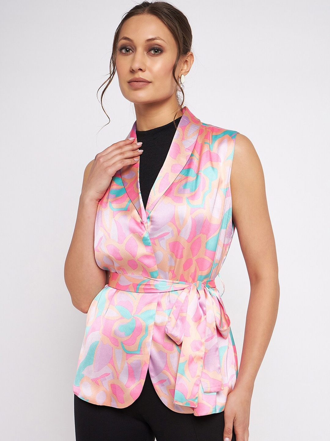 

Antheaan Elit Abstract Printed Formal Blazer With Belt, Pink