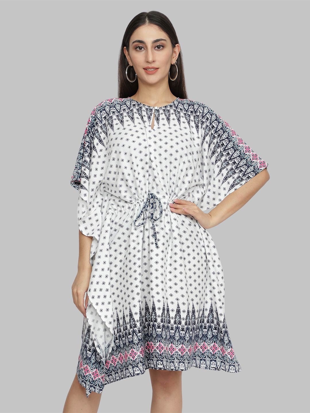 

NUEVOSDAMAS Ethnic Motifs Keyhole Neck Tie-Up Detail Kaftan Dress, White