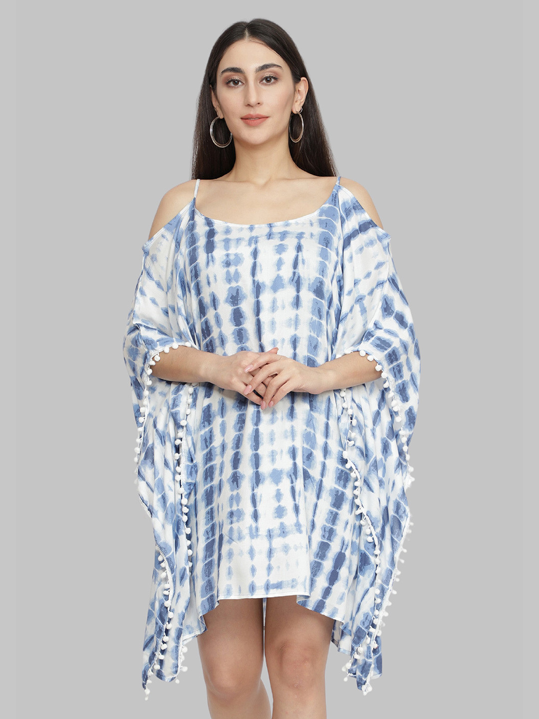 

NUEVOSDAMAS Tie and Dye Cold-shoulder Kaftan Dress, Blue