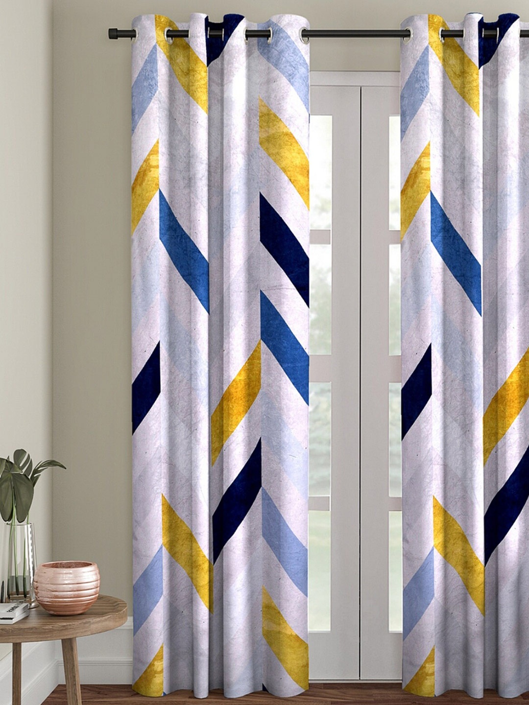 

ROMEE White & Blue Geometric Printed Room Darkening Door Curtain