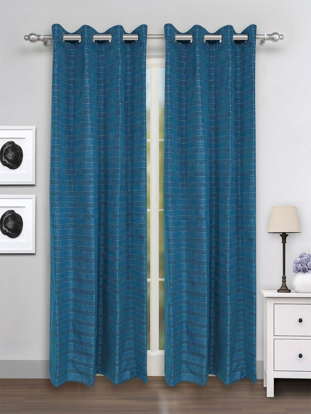 

ROMEE Blue & White 2 Pieces Striped Room Darkening Door Curtain