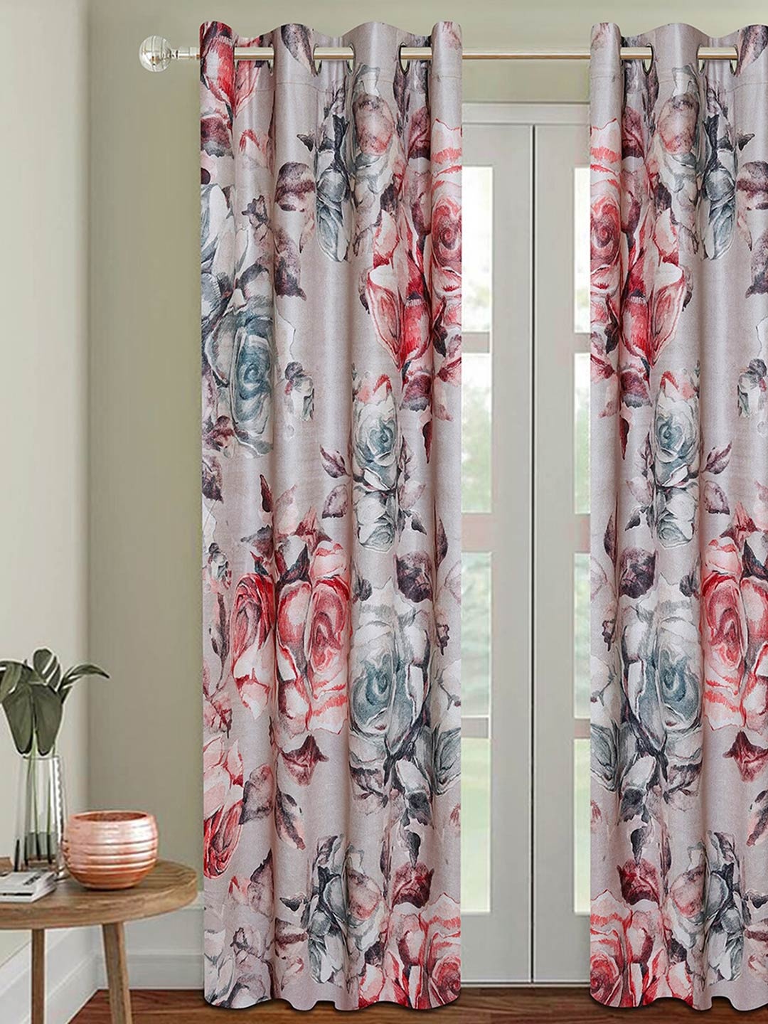 

ROMEE Grey & Pink Floral Printed Room Darkening Door Curtains