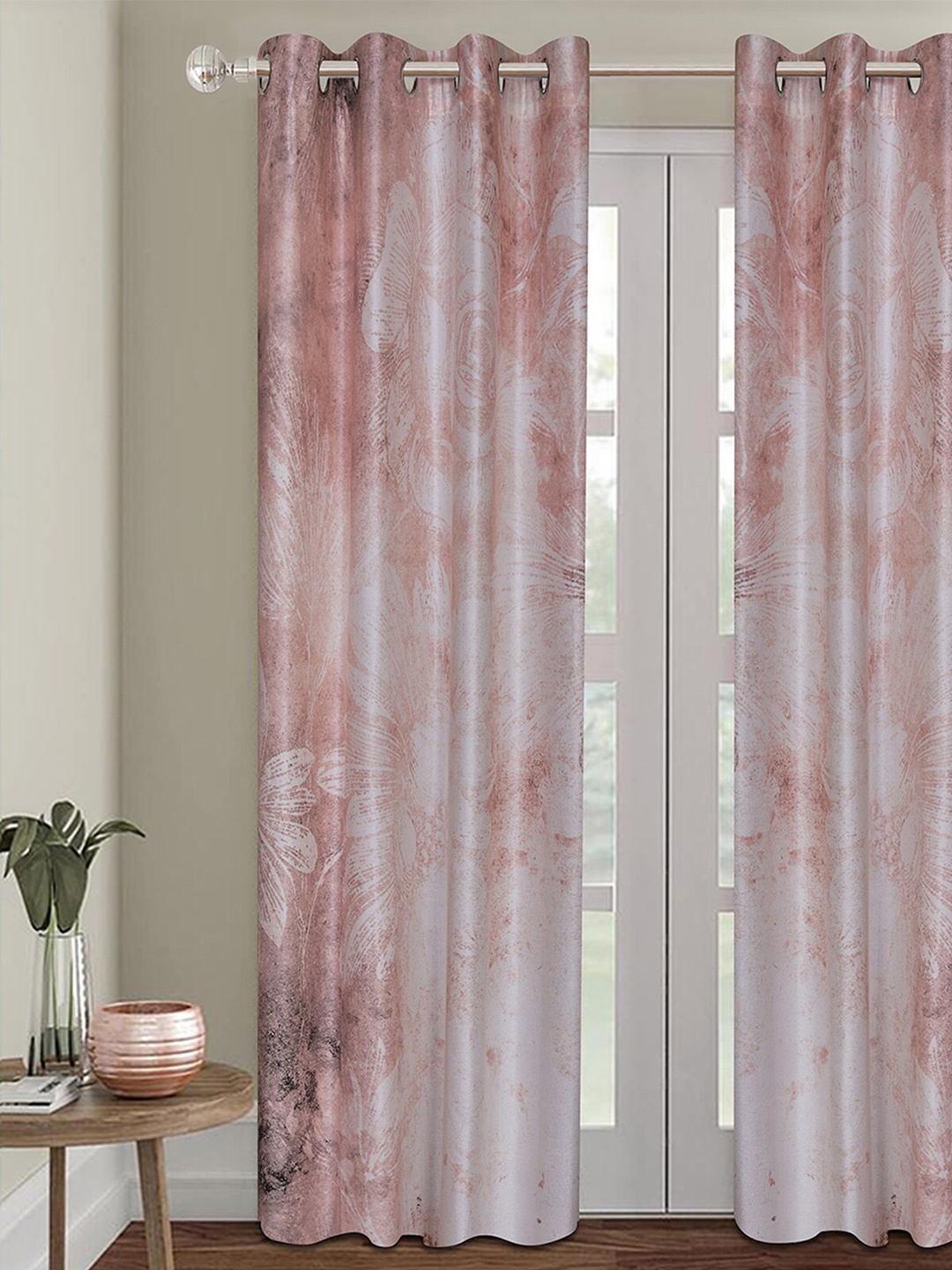 

ROMEE Peach& White Floral Printed Room Darkening Door Curtain