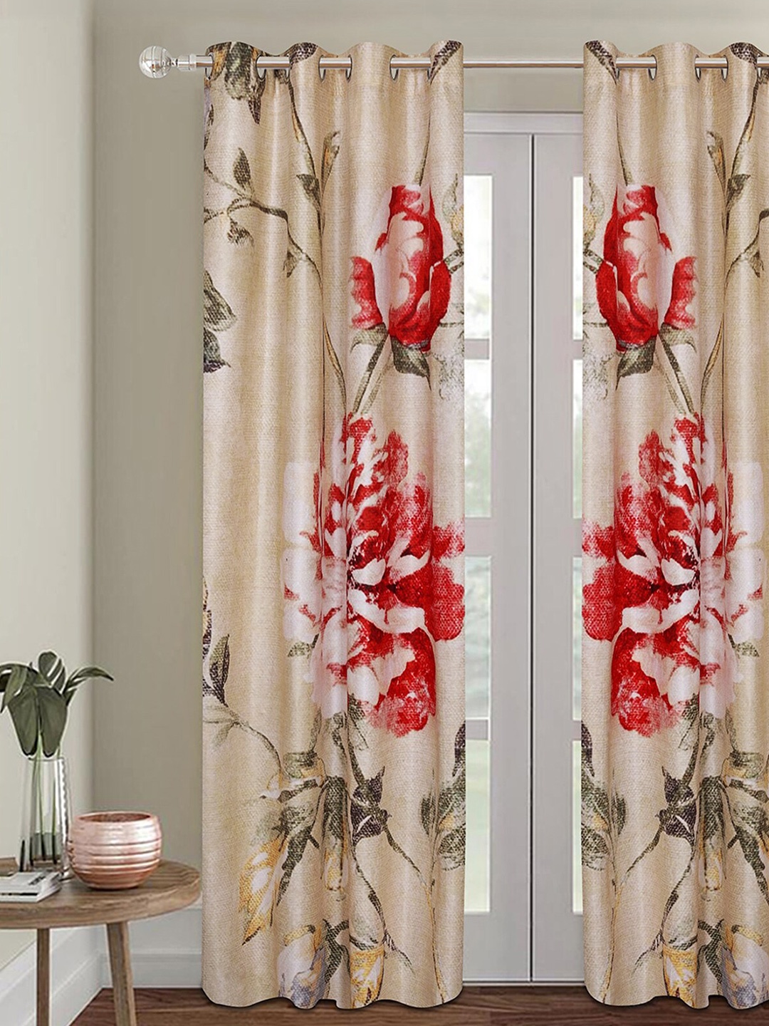 

ROMEE Beige & Red Floral Printed Room Darkening Door Curtain