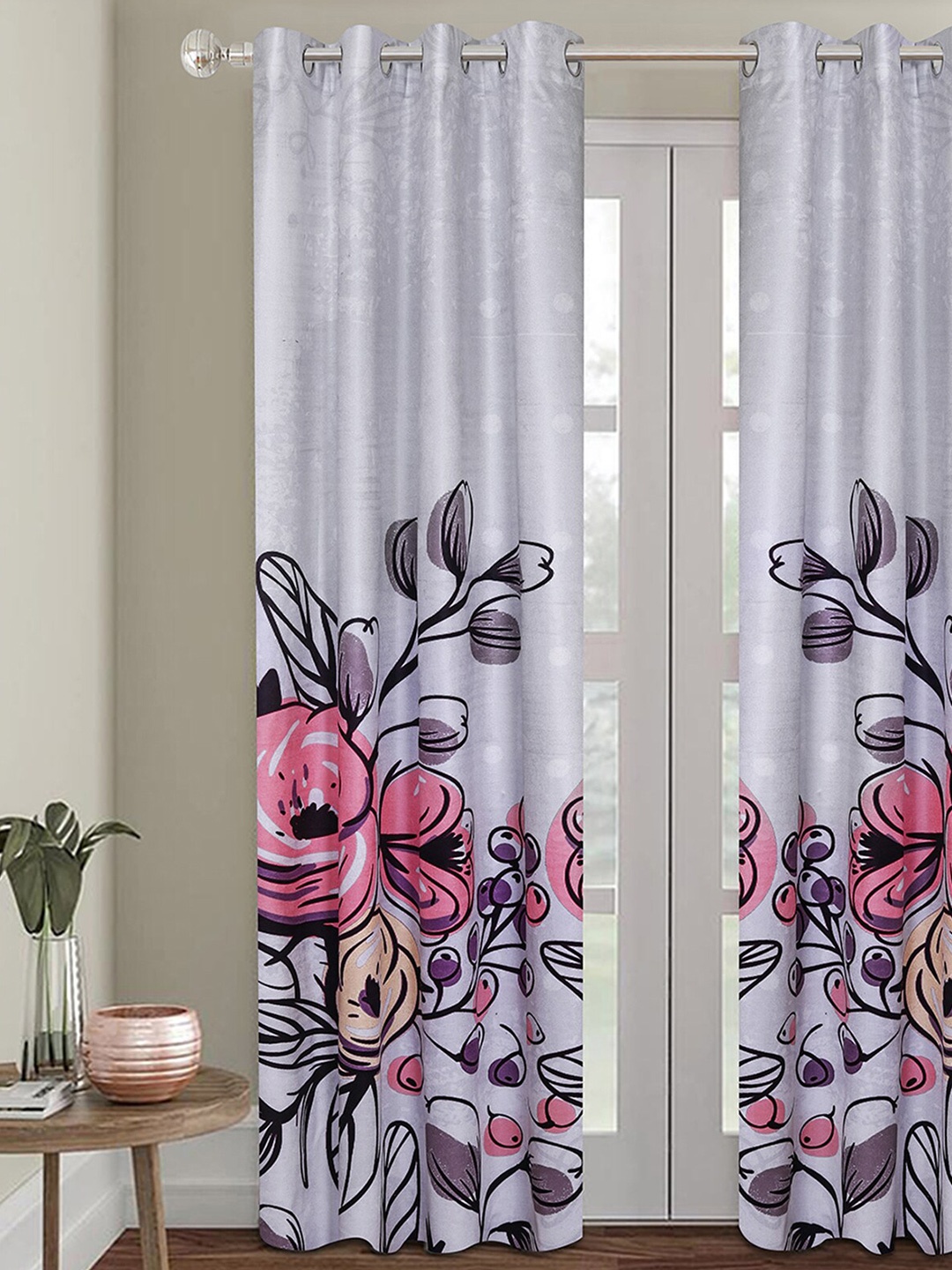 

ROMEE Silver-Toned & Pink Floral Printed Room Darkening Door Curtain
