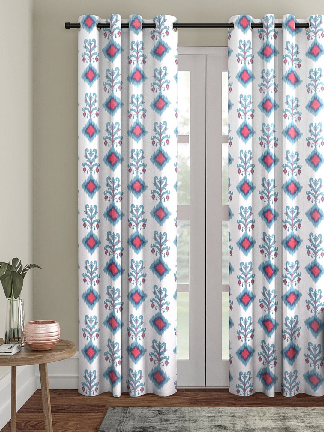 

ROMEE White & Turquoise Blue Ethnic Motifs Room Darkening Door Curtain