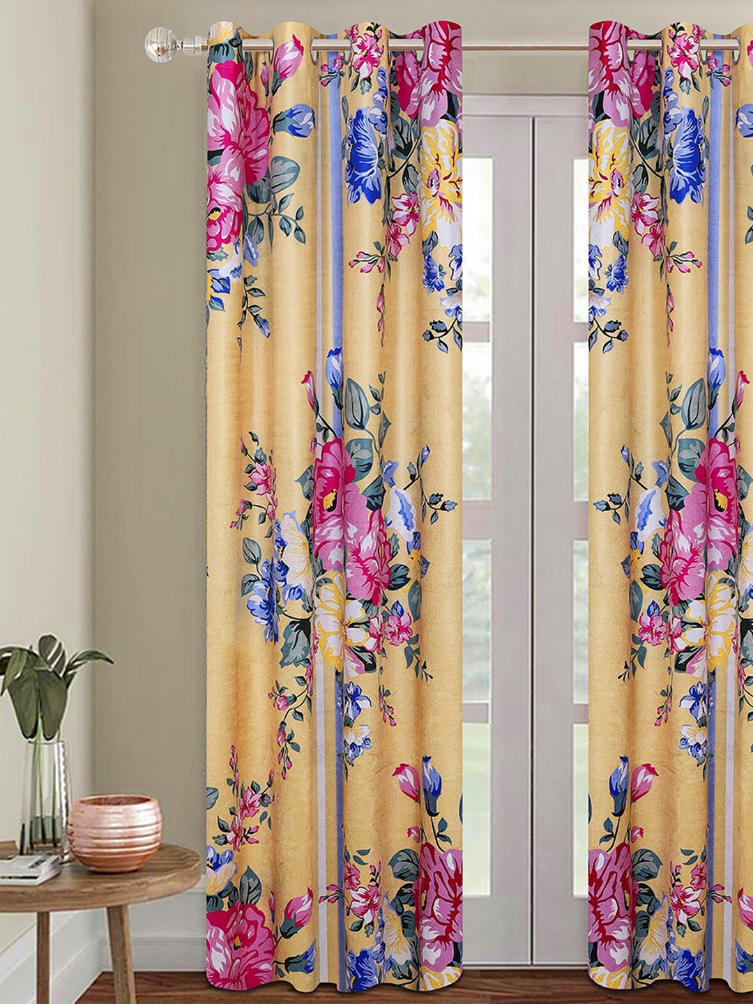 

ROMEE Beige & Pink Floral Printed Room Darkening Door Curtain
