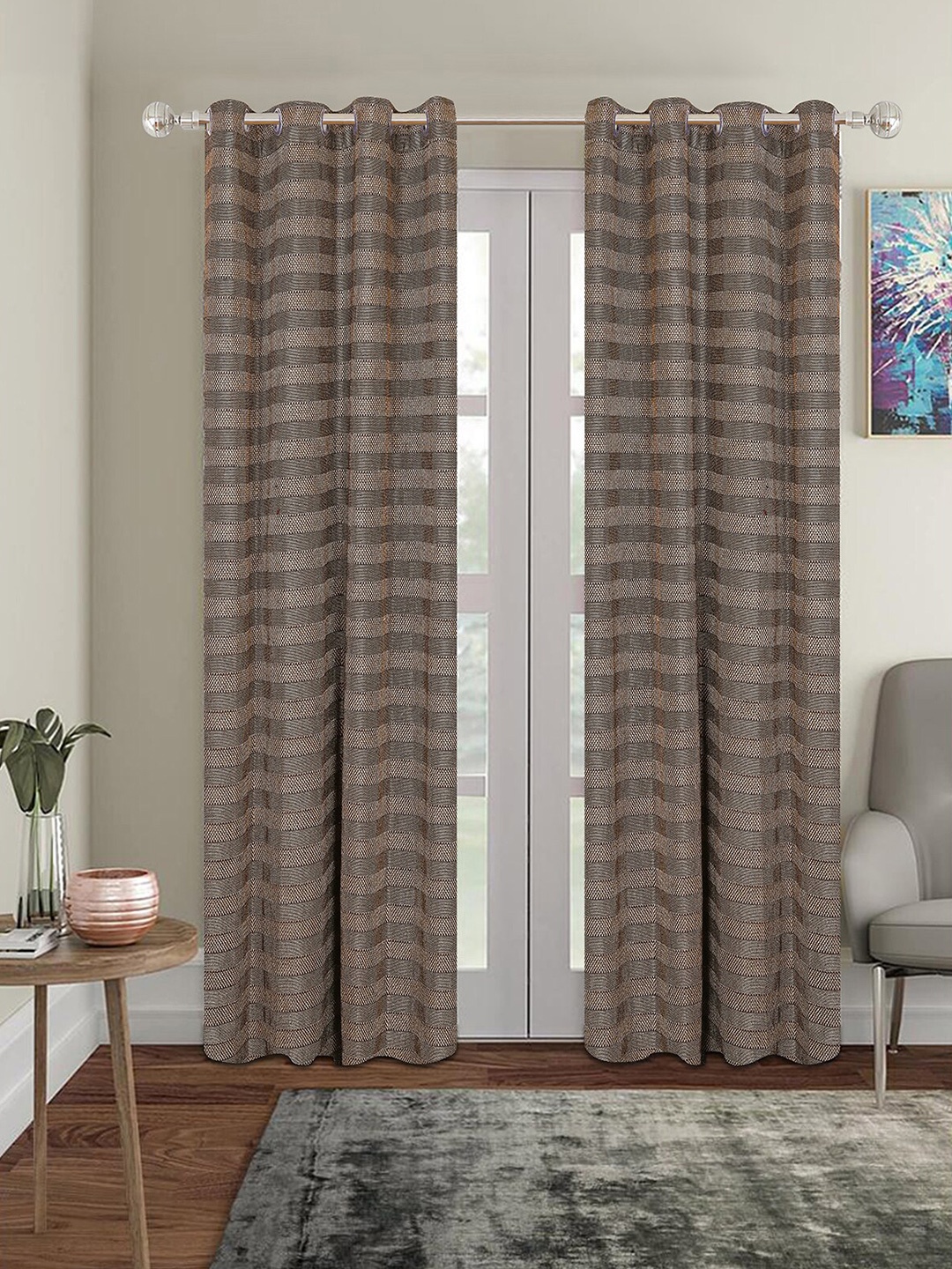 

ROMEE Brown 2 Pieces Striped Room Darkening Door Curtains