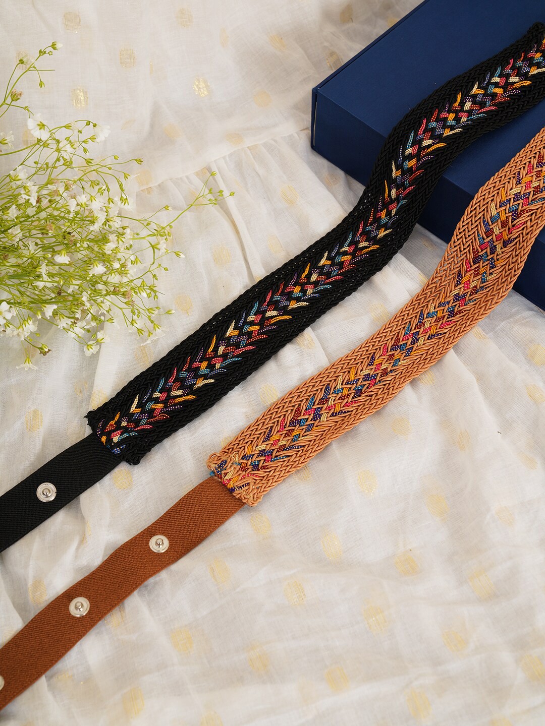 

FABBHUE Women Set Of 2 Textured Belt, Black