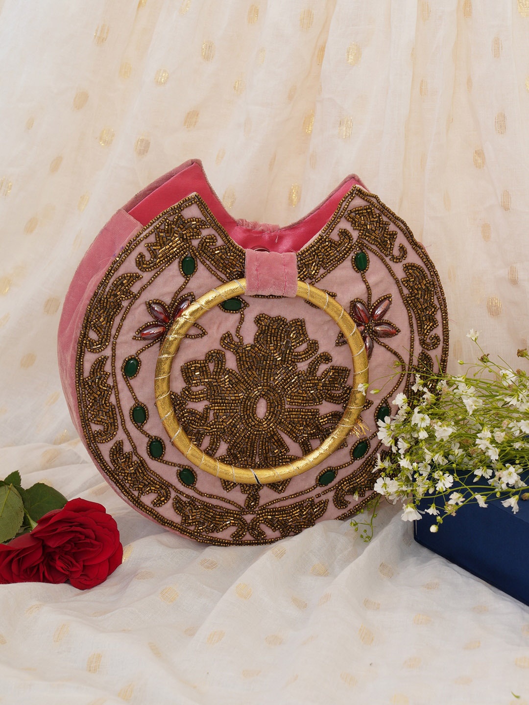 

FABBHUE Floral Embroidered Ethnic Handheld Bag, Pink