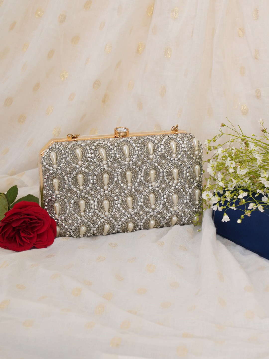 

FABBHUE Embellished Pearl Beaded Box Clutch, Grey