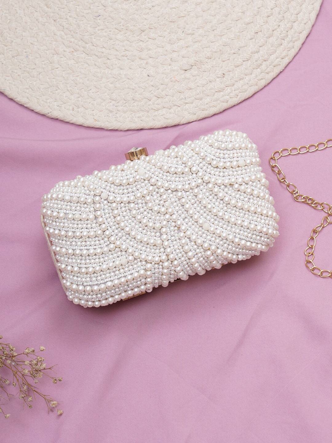 

FABBHUE Embellished Pearl Beaded Box Clutch, White