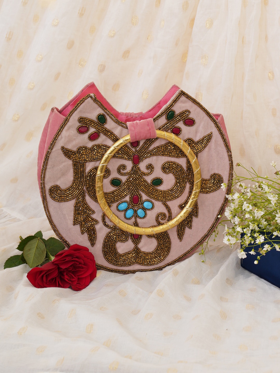 

FABBHUE Textured Structured Handheld Bag With Embroidered Detail, Pink