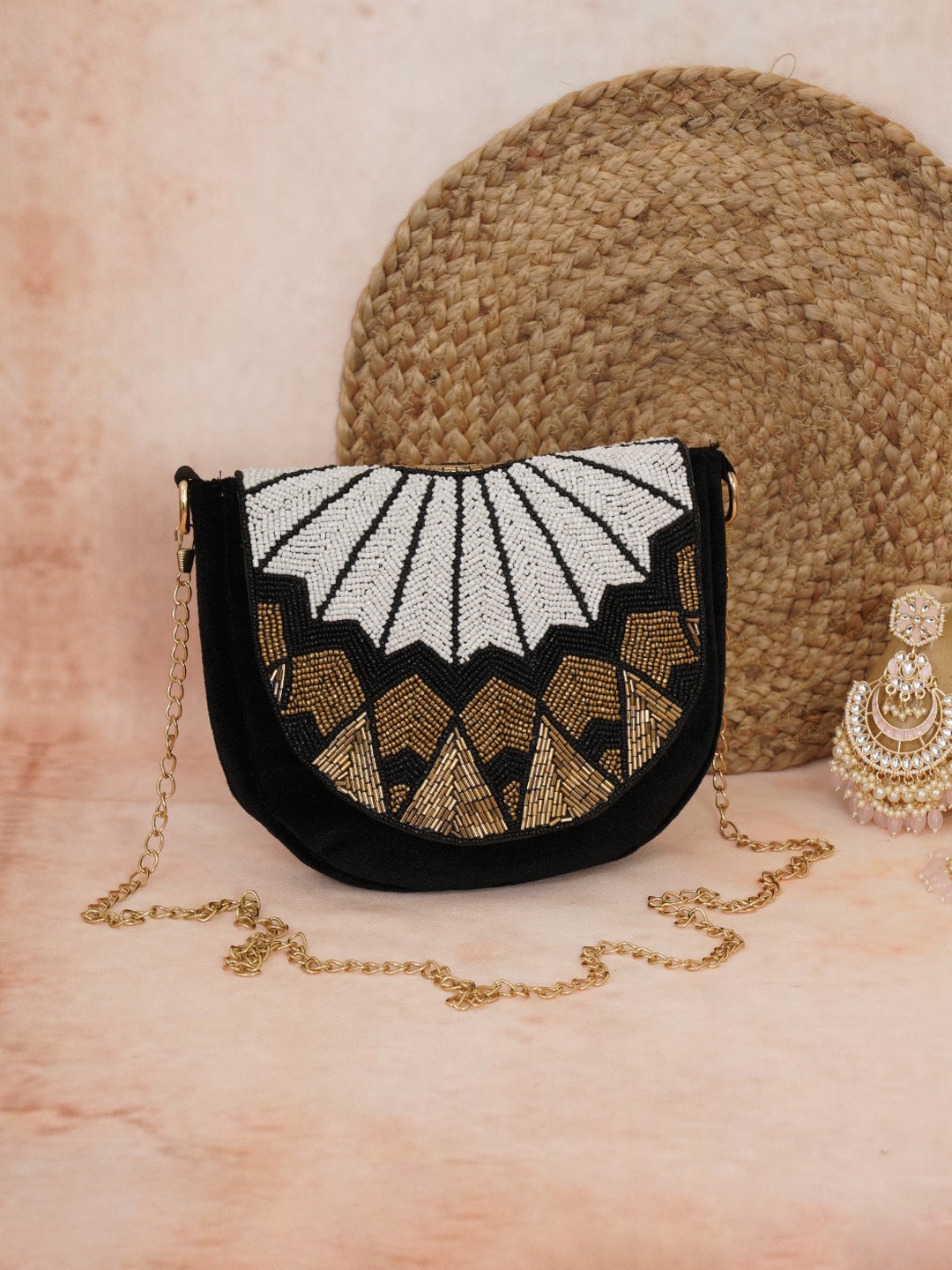 

FABBHUE Textured Structured Sling Bag With Embroidered Detail, Black