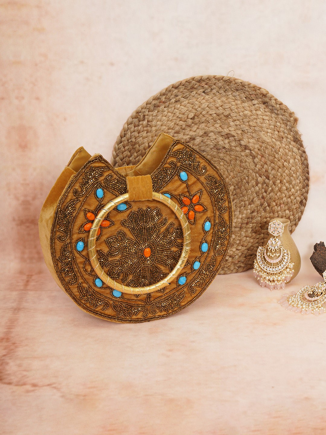 

FABBHUE Embellished Structured Handheld Bag, Gold