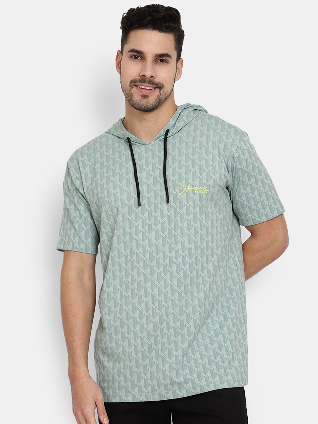 

V-Mart Hooded Geometric Printed T-shirt, Green