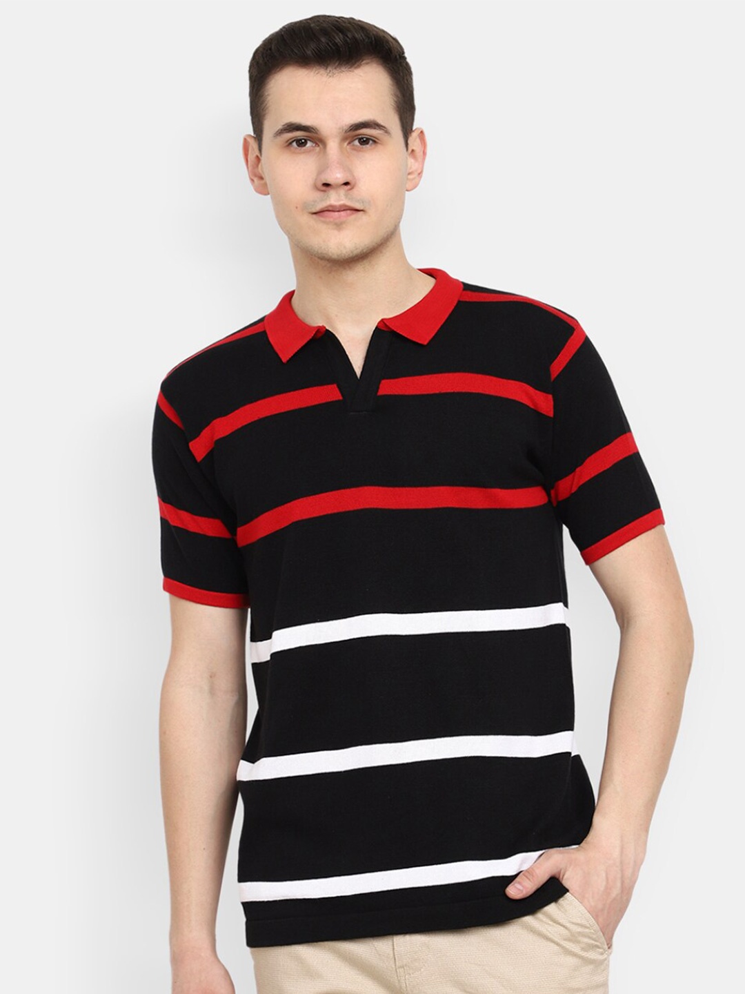 

V-Mart Striped Polo Collar Cotton T-shirt, Black